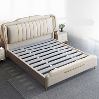 Italienischer Stil Luxus Modernes Schlichtes Kingsize-Bett Echtes Leder Weiche Polsterung Holzrahmen für Apartment Schlafzimmer
