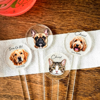 Agitateur à cocktail personnalisé en acrylique transparent avec photo de visage d'animal (chien, chat) découpé au laser pour fêtes, mariages, anniversaires