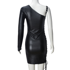 Nuovo Arrivo: Mini <span class=keywords><strong>Abito</strong></span> Sexy <span class=keywords><strong>Nero</strong></span> con Manica Lunga Monospalla e Cinturino Aderente, Moda Femminile - Product Image 6