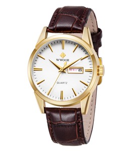 Montre-bracelet à quartz pour homme en or, bracelet en cuir, fenêtre calendrier, 39 mm, étanche, style affaires, vente en gros, offre spéciale - Product Image 5