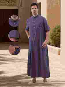 <b>Men's</b> Cotton <b>Thobe</b> Shirt Collar Short Sleeve Floor Length Solid Color Breathable Modest Prayer Wear - Product Image 4