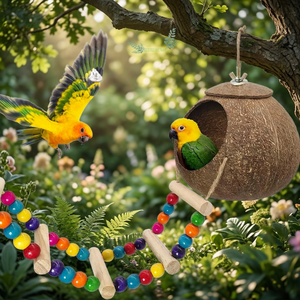 Grande maison pour oiseaux en coquille de noix de coco naturelle et cage en filet |   Cage pour animaux de compagnie Eco2go Vietnam, motif animal moderne, cadre en bois, emballage en boîte - Product Image 1