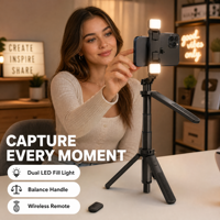 Trépied perche à selfie avec lumière d'appoint LED, télécommande Bluetooth 5.0, pince de 65-99 mm pour vlog, diffusion en direct et selfie de groupe