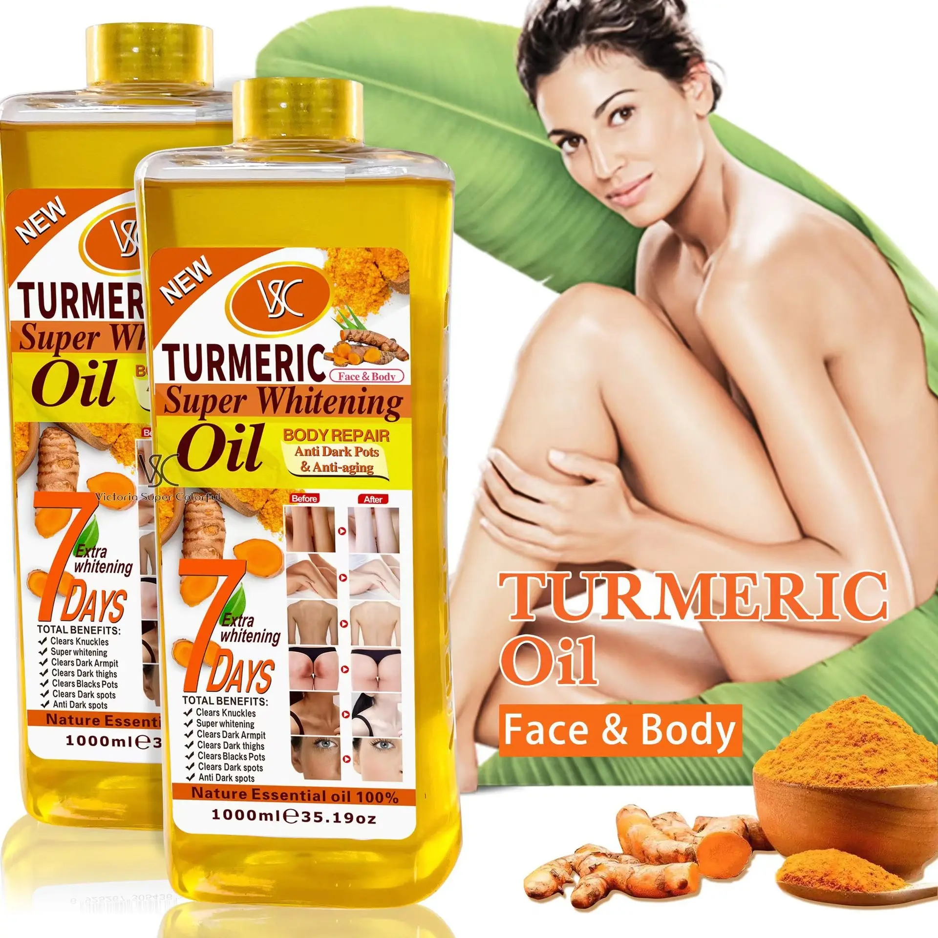 High Quality 1000ml Turmeric Oil SUPER WHITENING OIL Skin Anti-aging Dark Spot Removal Face&Body Lightening Gold Oil