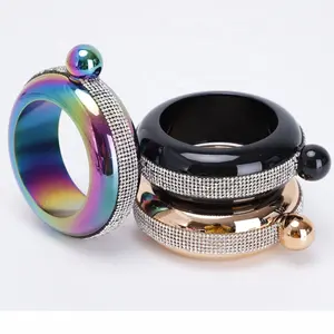 Luxury diamond embroidered 100ml stainless steel UV plated wine mixed bottle liquor bangle hip flask with crystal lid