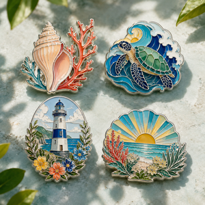 Ensemble de broches en métal personnalisées sur le thème de la mer, avec motifs coquillage, corail, tortue, phare et coucher de soleil, plaqué argent, émail dur, forme irrégulière, souvenir - Product Image 1