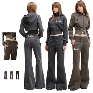 Pantalon de survêtement évasé noir pour femme, taille mi-haute, respirant, en molleton brossé, effet usé, 400g, collection printemps, vente en gros - Product Image 1