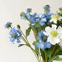Bunga Scabiosa Buatan dengan Pot Bunga Biru, Rangkaian Bunga Rumput Pinus Alami, Perlengkapan Dekorasi Bunga