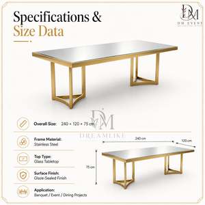 Table de salle à manger rectangulaire en verre miroir en acier inoxydable doré de qualité supérieure avec base ouverte géométrique pour banquets d'hôtel (vente en gros) - Product Image 5
