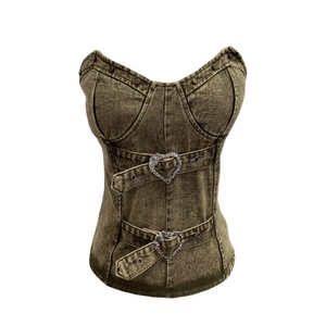 Viviblook Z514TP03 2025 New Hot Girl Retro Punk Denim Vest with Chest Cushion, Strapless Sleeveless <b>Crop</b> <b>Tops</b> for Women - Product Image 6