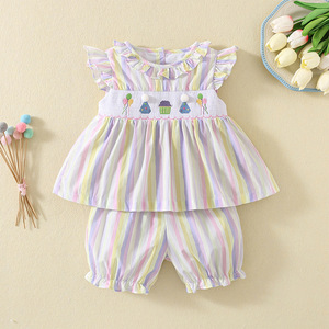 Nuovo Stile Estivo <span class=keywords><strong>Set</strong></span> Smock per Bambine, Completo Due Pezzi in Cotone con Top e Pantaloncini, <span class=keywords><strong>Set</strong></span> <span class=keywords><strong>Compleanno</strong></span> a Righe Viola - Product Image 2