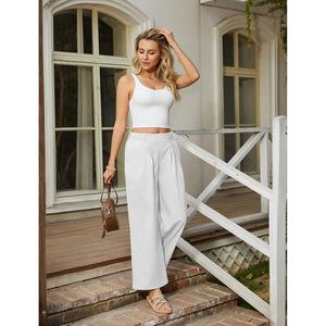Pantalon palazzo décontracté pour femme, taille haute, effet lin, coupe large, avec poches, blanc, respirant, pour la plage - Product Image 3