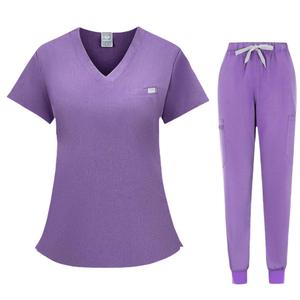 Women Scrub Suit Set Moisture Wicking Knitted Split Uniform Hospital Workwear Short Sleeve Two Piece Stretch Lightweight - Product Image 4