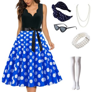 Abito estivo da donna Vintage a pois nero Pinup con scollo a V abiti da festa Rockabilly abiti al ginocchio Robe <span class=keywords><strong>Midi</strong></span> - Product Image 3