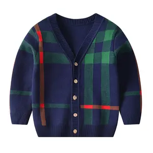Europe design baby winter warm thin knitted Sweater plaid kids knit cardigan