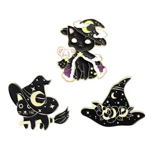 Прямая поставка на заказ Милая мультяшная черная кошка значок металлическая колдовская шляпа эмалированная булавка ведьмы