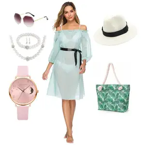 Women Plus Size Summer Beach Dress Hat Handbag Sunglasses Watch Bracelet Necklace Earrings Bracelet Jewelry Gift Set For Mother