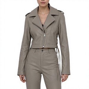 Women’s Grey <b>Leather</b> Back Drawstring <b>Jacket</b> <b>Long</b> Sleeve Tailored Button Front Fashion Coat - Product Image 2