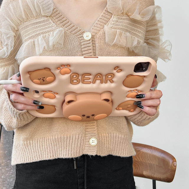 Soft Shockproof Silicone Protective Cover for iPad Mini 1 2 3 4 5 6 Air 4 5 6 Cute Bear Kids Tablet Case with Kickstand