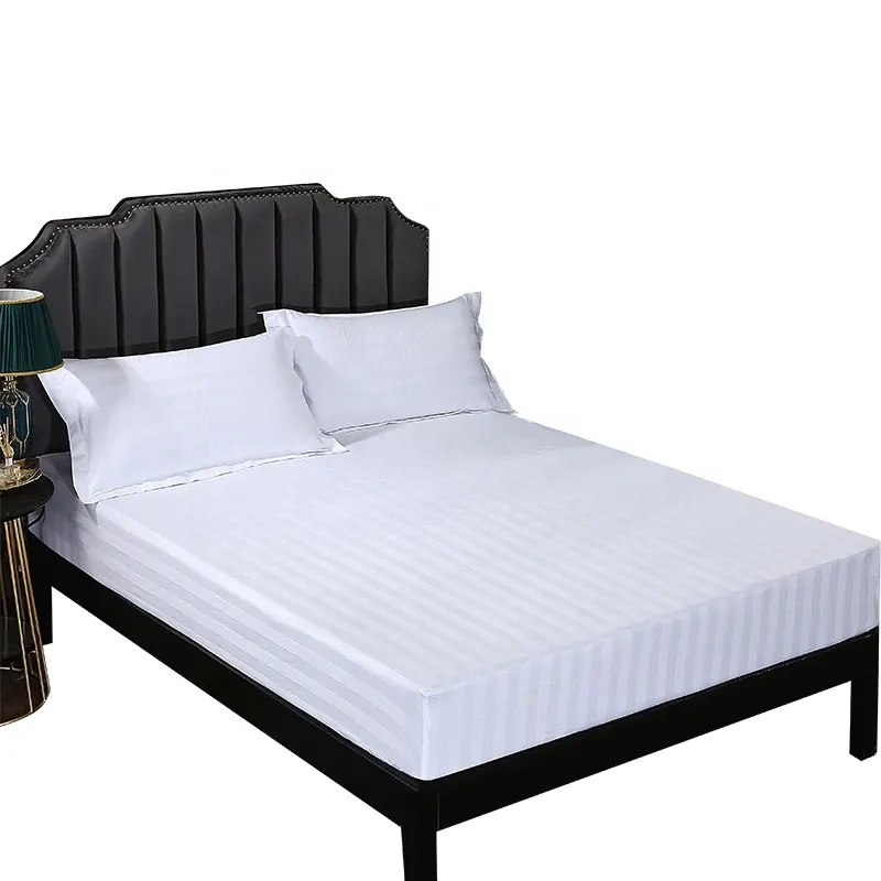 Hotel Linen 100% Egyptian Cotton White Fitted Sheet Satin Stripe Bed Sheet Hotel Bedding Set