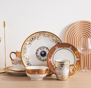 Wholesale Luxury Gold Rimmed Ceramic <b>Dinnerware</b> <b>Set</b>, Royal Red & Gold Porcelain Plates Bowls Mugs for Wedding Banquet - Product Image 1