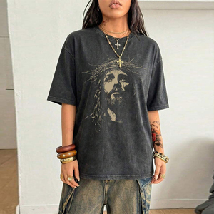 Maßgeschneidertes Säuregewaschenes Y2K <span class=keywords><strong>Streetwear</strong></span> Gott-Grafik-Print Damen 100% Baumwolle Sommer O-Ausschnitt T-Shirt Knitterfrei Anti-Pilling Lässig - Product Image 1