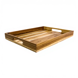 Plateau de service rectangulaire en bois de teck naturel avec poignées découpées, plateau décoratif halal pour restaurant et hôtel - Product Image 1