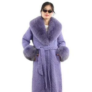 New Fashion Plaid Tweed Woll mantel mit Winter langen Gürtel Fuchs Pelz Kragen Manschetten sehr schöne Woll jacke für Frauen