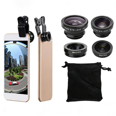 Universal 3In1 Clip-On iPhone Cell Phone Camera Glass Lens Kit with 180 Degree Wide Angle Fish Eye and 0.67X Macro Zoom Lenses