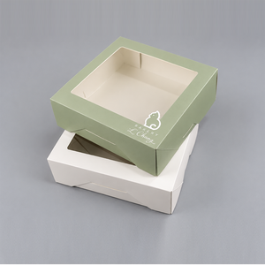 Custom <b>Square</b> Paperboard Cake Box with Window Green White Bakery Packaging - Product Image 1