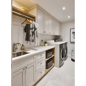 Artisan tradisional putih ruang cucian abadi lemari mewah kayu Solid kabinet cucian dengan desain wastafel