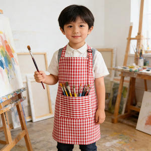 Tablier pour enfants en coton à carreaux, col halter, sans manches, anti-taches, lavable en machine, usage quotidien, quatre saisons, rouge et bleu clair - Product Image 6