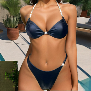 Maillot de bain brésilien de luxe micro pour femme, sans bretelles, uni, avec collier de perles, séchage rapide, rembourrage amovible, tenue de plage - Product Image 2