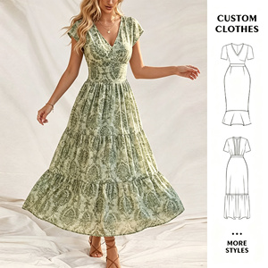 Vestido Maxi Boho Floral con Cuello en V, Cintura Fruncida, Abertura Lateral, <span class=keywords><strong>Estilo</strong></span> Francés, Vestido de Playa OEM - Product Image 3