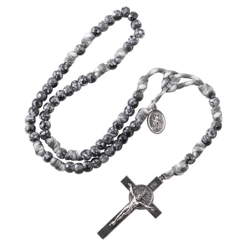 Men's Catholic Jewelry Prayer Charm Necklace 10mm Acrylic Beads Rosary with St. Michael Medal