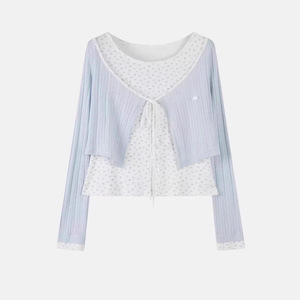 Dalang Knitted <b>Cardigan</b> Floral Print Faux Two Piece Women's Long Sleeve Sheer Layer Top <b>Spring</b> Autumn 2026 Sweet Style - Product Image 1