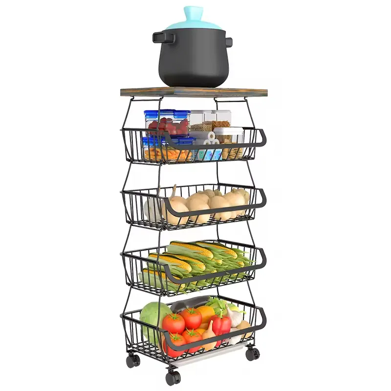 Factory direct sales 2-3 Tier Metal Wire Fruit Vegetable Storage Basket Organizer Stand with Wheels Storage Rack