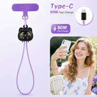 Kabel USB C ke C Pengisian Cepat 60W dengan Logo Kustom Tersembunyi, Tali Pergelangan Tangan Anti-Hilang, Portabel, Hitam, Kabel Data Pengisian Cepat 60W Black Cat