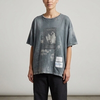 Gewassen grijs oversized T-shirt met distressed print, zwaar katoen, unisex, retro rock stijl
