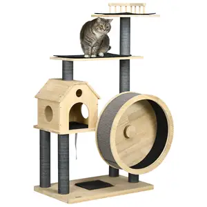 Activity Condo Luxury Pine Wood with Hamster-Wheel Sisal Scratching Posts Elevated Perches Roomy Interior Cat Tree