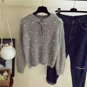 <span class=keywords><strong>Pull</strong></span> court en maille à col rond pour femme, orné de perles et de pompons, style décontracté et tendance, chaud pour l'automne et l'hiver - Product Image 4