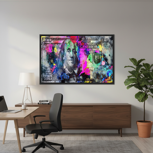 Benjamin Franklin Art Deco Panel Print Colorful Dollar Bill Office Wall Art Clear <b>Framed</b> Canvas Hanging - Product Image 3