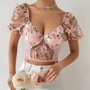 Women Floral Lace Short Sleeve Crop Top Sexy Square Neck Backless Mesh Tights T-Shirts R2141