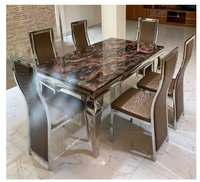 Table à manger rectangulaire moderne en marbre avec ensemble de chaises de salle à manger en acier inoxydable et cuir PU noir pour cuisine, hôtel, salle de banquet