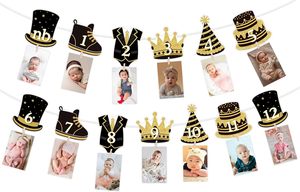 Striscione Fotografico Nero e Oro per il 1° Compleanno di Mr. ONEderful, Tema Gentiluomo, Espositore per Foto di 12 Mesi con Papillon e Cappelli a Cilindro - Product Image 1