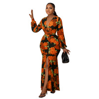 Nouvelle Arrivée Robe Longue Maxi Imprimée Fleurie Col en V Taille Haute pour Femme, Élégante Mode Automne, Impression Numérique Lavable, Idéale pour Mère de la Mariée