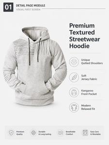 Men Heather Gray Textured Ribbed <b>Hoodie</b> with <b>Quilted</b> Shoulders and Kangaroo Pocket Modern Relaxed Fit Streetwear Sweatshirt - Product Image 1