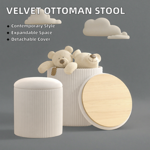 Modern Round Velvet Ottoman Stool <b>with</b> Removable Cover and Extendable <b>Storage</b> Wooden Vanity <b>Chair</b> for Bedroom or Hotel Use - Product Image 2