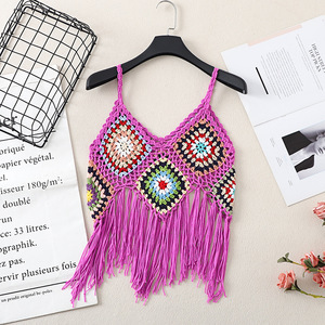 <span class=keywords><strong>Gilet</strong></span> en <span class=keywords><strong>crochet</strong></span> coloré pour femme, style bohème, avec franges, col en V, bretelles spaghetti, sans manches, idéal comme cache-maillot de plage pour tenue décontractée d'été - Product Image 2