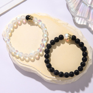 Frosted Moonstone <b>Beaded</b> <b>Bracelet</b> With Crown Charm Elastic Rope Jewelry Unisex Couple Style Anniversary Gift - Product Image 4